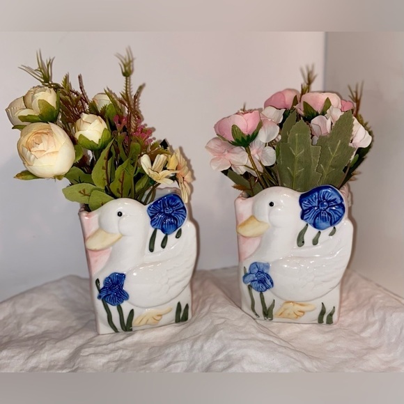 3/55$ Set of 2 Vintage ceramic rectangular vase white duck & blue flowers - Picture 13 of 15